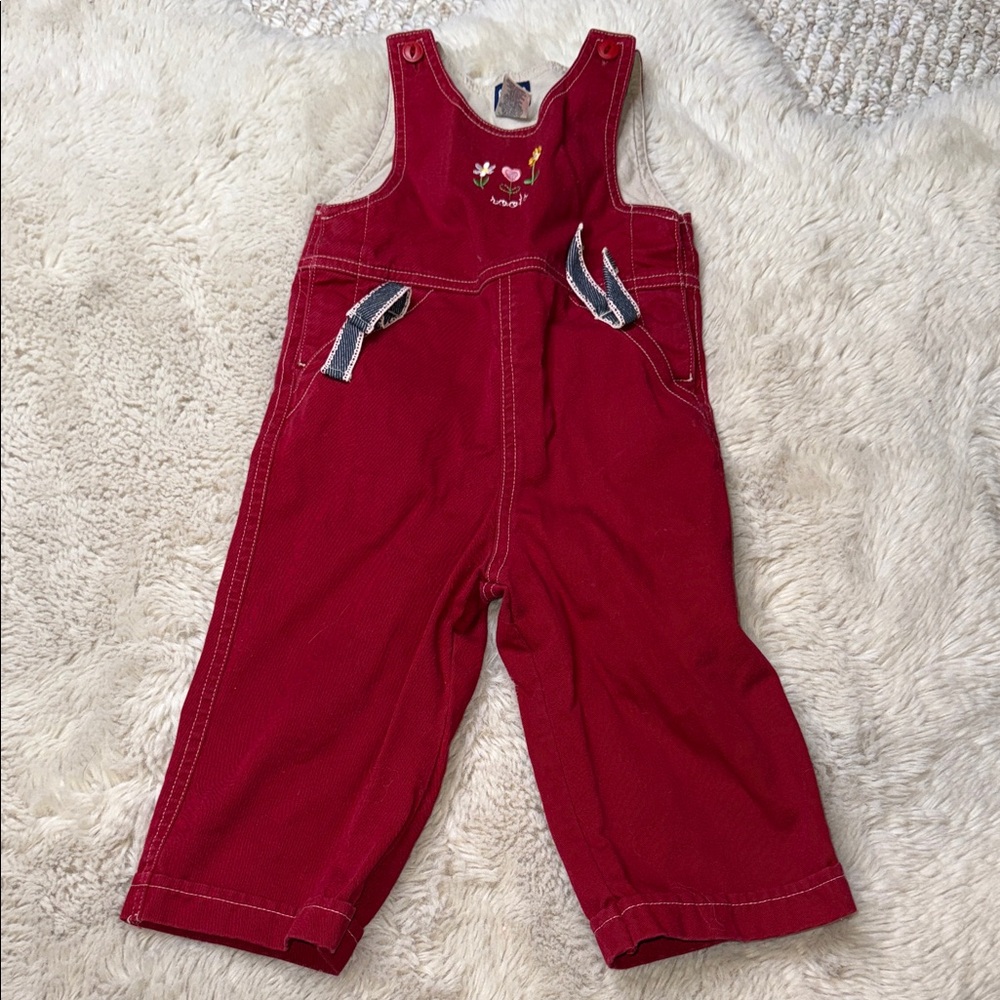 🧡6/12m VTG roots, girls, Burgandy/blue embroidery Overalls with pockets